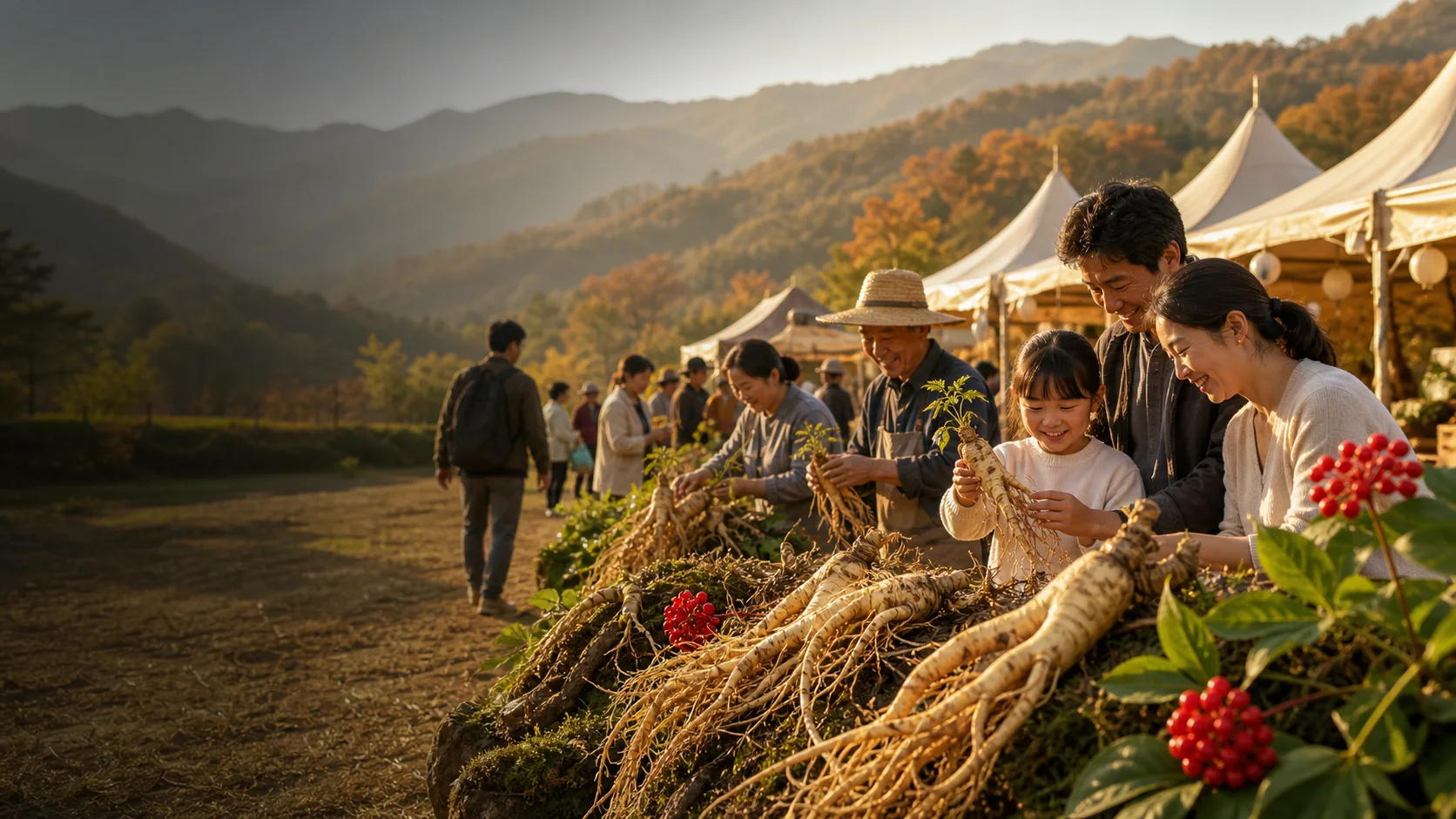 가을 산지에서 가족과 생산자가 인삼을 함께 살펴보는 축제 풍경